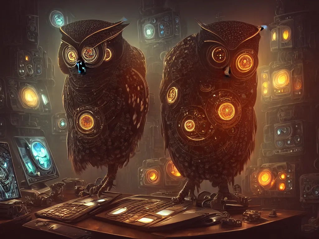 Image similar to an giant evil, malevolent, cyborg owls looking at a computer, surrounded by computer screens. steampunk, intricate, elegant, fantasy, highly detailed, digital painting, concept art, sharp focus, illustration, beautiful lighting, epic light, artstation, colorful, dramatic