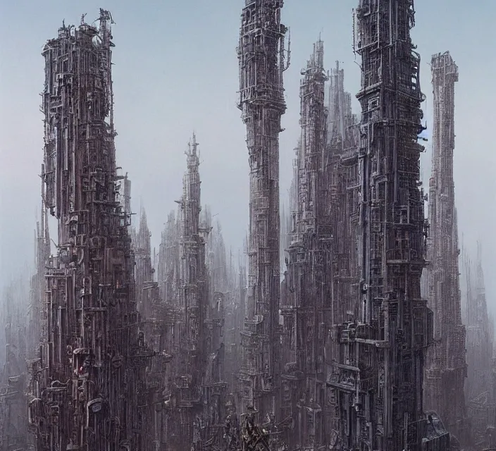 Prompt: gigantic mechanic megastructure tower in center, gothic, warhammer, cyberpunk, highly detailed, artstation, art by zdislav beksinski and wayne barlowe