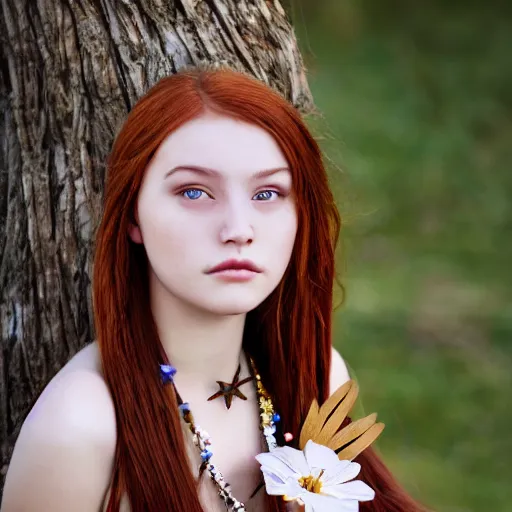 Prompt: dslr photo of a beautiful teen girl with chestnut colored hair sitting on a bench wearing a flower skirt, and body and wearing hemp sandals and a very detailed faerie necklace around neck, artgerm, artstation, very high quality face, extremely high quality, moody lighting, real camera, real photo, photography by deviantart, 8 k, full subject in shot