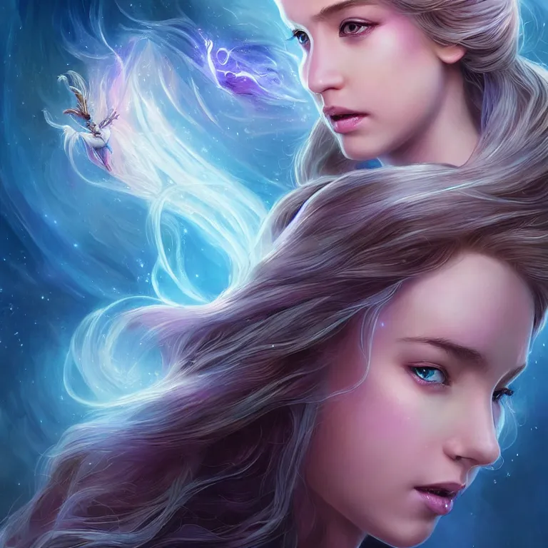 Image similar to beautiful cinematic fantasy poster, a long shot of a beautiful princess like a disney princess hybrid with flowing illuminated hair, beautiful glowing galaxy eyes, full subject in frame, wideshot ultrawide angle epic scale, hybrid from The Elden Ring and art direction by Darius Zawadzki ;by artgerm; wayne reynolds art station; cinematic quality character render; low angle; ultra high quality model; production quality cinema model;