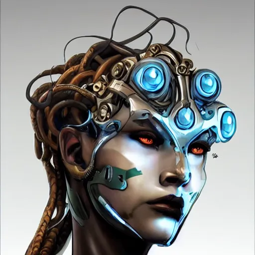 Image similar to a mech version of african medusa, with a septum piercing, very symmetrical, highly detailed, by vitaly bulgarov, by joss nizzi, by ben procter, by steve jung, concept art, quintessa, metal gear solid, transformers cinematic universe, concept art world, pinterest, artstation, unreal engine