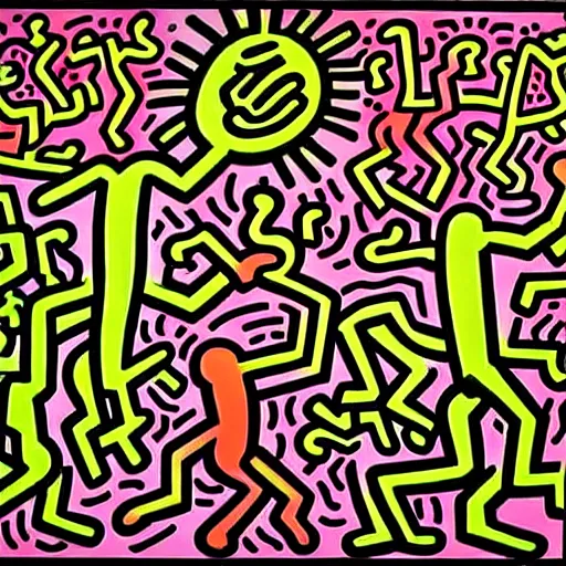 Prompt: garden of early delights painted by keith haring