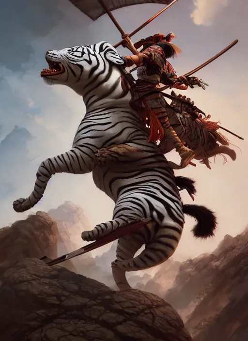 Prompt: samurai riding on a white tiger, subsurface scattering, by jesper ejsing, justin gerard, tomasz alen kopera, cgsociety and fenghua zhong, highly detailed, rim light, cinematic lighting, illustration, art, octane render, very coherent, cinematic, hyper realism, high detail, octane render, 8 k