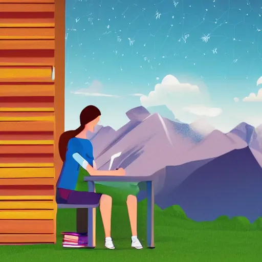 Image similar to illustration of a female software developer sitting outside in front of a modern campus building with beautiful mountains in the background, digital art, summer, alps, 4k, cartoon