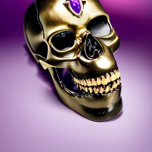 Image similar to opened mouth panther skull with gold teeth and gems inlaid skull, matte black, rose gold, amethyst, high coloration, ambient lightning, ultra wide lens, focused, highly detailed, 8 k