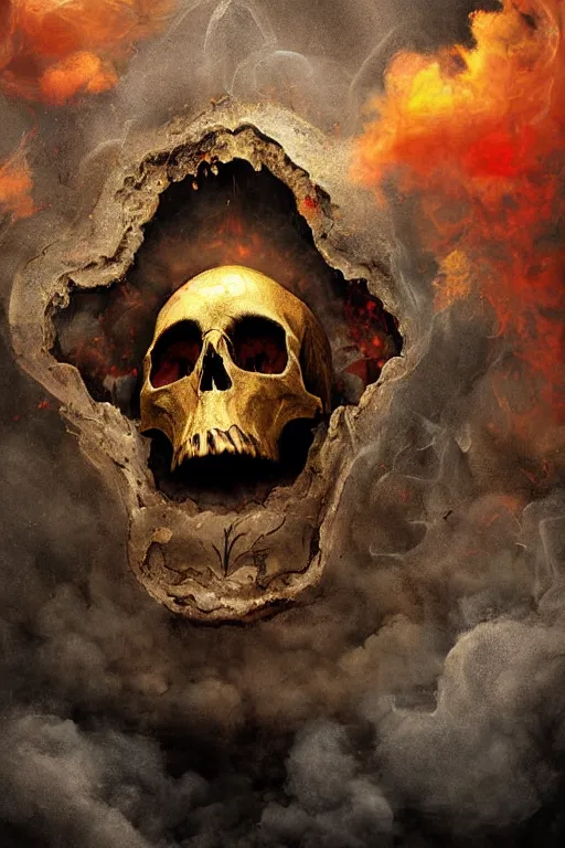 Prompt: immaculate painting of A Beautiful fine detailed gold and red and black huge skull floating in smoke over desolated wastelands, an iIlusion by erik johansson micro detailing