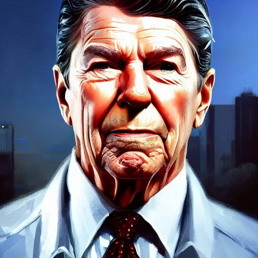 Image similar to highly detailed portrait, ronald reagan, in gta v, stephen bliss, unreal engine, fantasy art by greg rutkowski, loish, rhads, ferdinand knab, makoto shinkai and lois van baarle, ilya kuvshinov, rossdraws, tom bagshaw, global illumination, radiant light, detailed and intricate environment