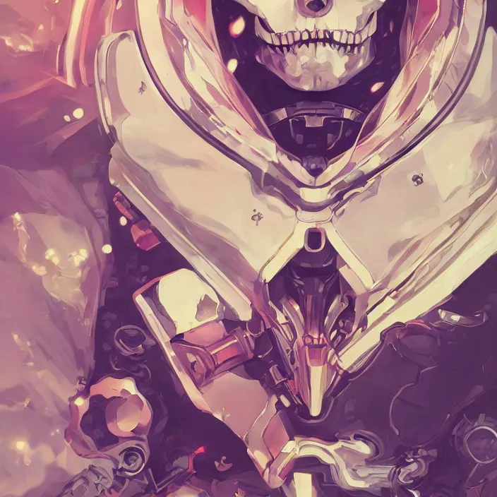 Image similar to anime skull portrait space pirate captain, futuristic science fiction, mucha, hard shadows and strong rim light, art by jc leyendecker and atey ghailan and sachin teng