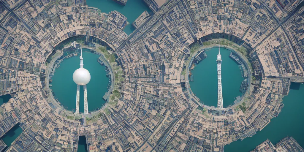 Prompt: a very high resolution image from a new movie, oriental pearl tower, front view, upside - down, shining, photorealistic, photography, directed by wes anderson