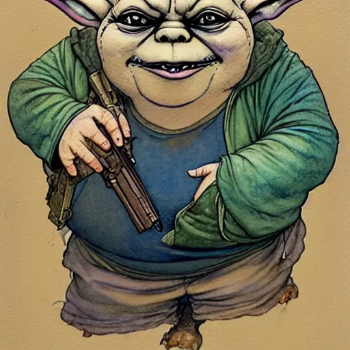 Image similar to a realistic and atmospheric watercolour fantasy character concept art portrait of a fat sleazy homeless chibi yoda wearing a wife beater and holding a handgun, by rebecca guay, michael kaluta, charles vess and jean moebius giraud