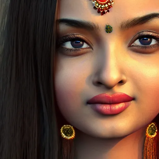 Image similar to beautiful Indian cute teen girl resembling Aishwarya Rai, natural beauty expressive pose, art by mark brooks, but as a real life photograph, photorealism, daz3d genesis iray shaders, cinematic lighting, HDRI, 8k textures