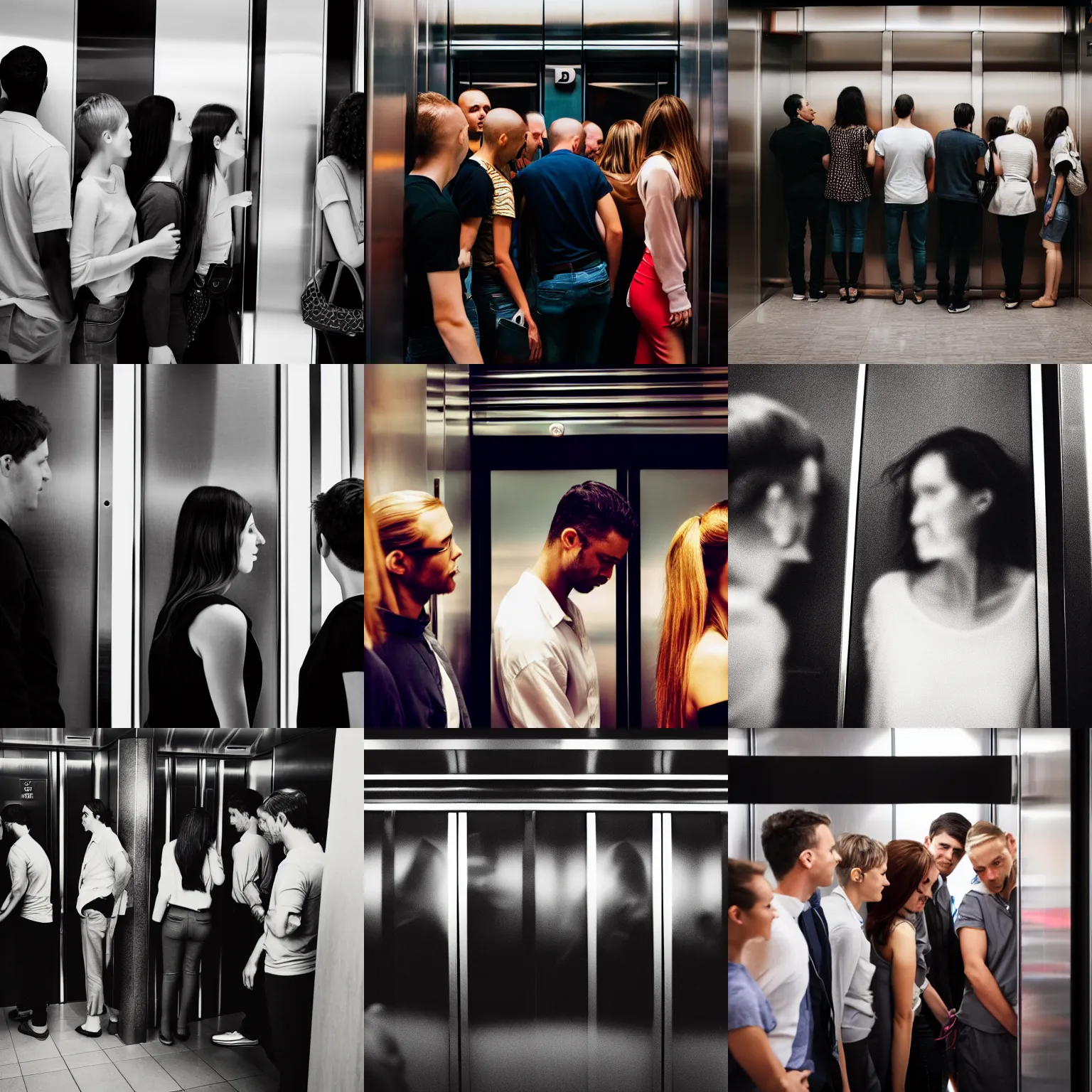 Prompt: group of people in an elevator, side view,