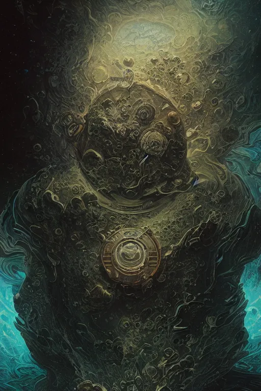 Image similar to close up shot of an astronaut portrait fading into the aether, water elemental, james gurney, peter mohrbacher, mike mignola, black paper, mandelbulb fractal, trending on artstation, exquisite detail perfect, hyper detailed, intricate ink illustration, black background