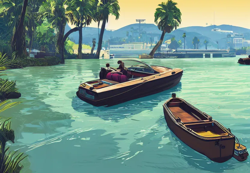 Image similar to A Grand Theft Auto 5 cover style illustration, extremely detailed featuring a river in Europe, surrounded by trees and fields. A dinghy is slowly moving through the water. Sun is shining.