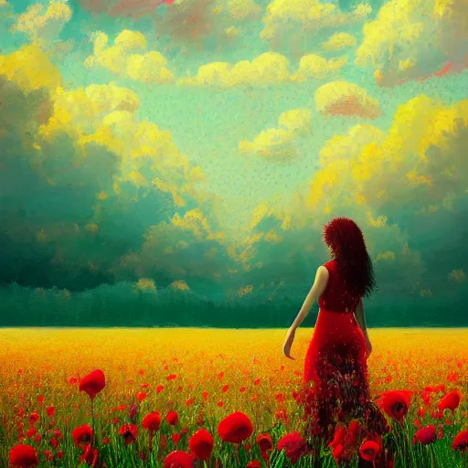 Prompt: red flower afro, full body, girl walking in the middle of a field with flowers, surreal photography, hills, sunrise dramatic light, impressionist painting, colorful clouds, digital painting, pointillism, artstation, simon stalenhag