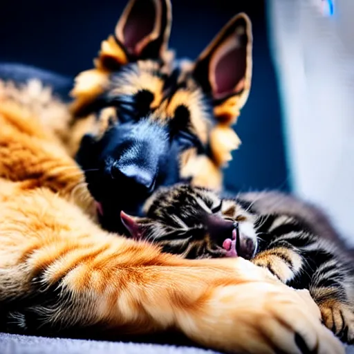 Prompt: detailed german shepherd sleeping in arms with a detailed kitten