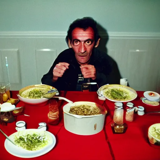 Image similar to alien at a soviet family dinner, 1 9 7 0 s photo, cinestill 8 0 0 t 3 5 mm, camera flash