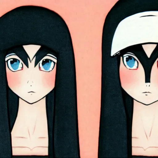 Image similar to two identical beautiful nuns with large eyes, face to face, full of detail, subtle anime style,