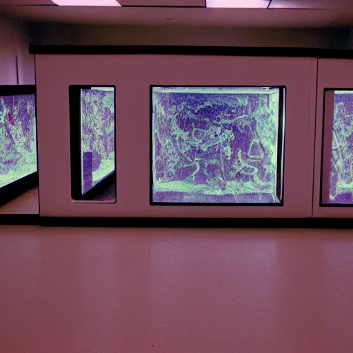 Image similar to an abandoned creepy dried aquarium, museum exhibition, 1 9 8 0 s computers, computer monitors, illuminated displays of computer screensavers, crystal refraction of light, stanchions, photo taken on fujifilm superia film, 3 5 mm film, aquatic devices