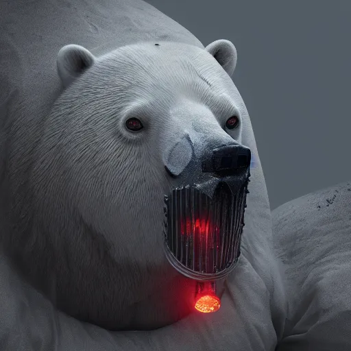 Prompt: surrealist art style, polar bear wearing a gas mask bleeding from eye sockets set in Escape From Tarkov, stencil, traditional, dystopian, depth of field, physically based rendering, pbr render, very detailed, volumetric lighting, octane render
