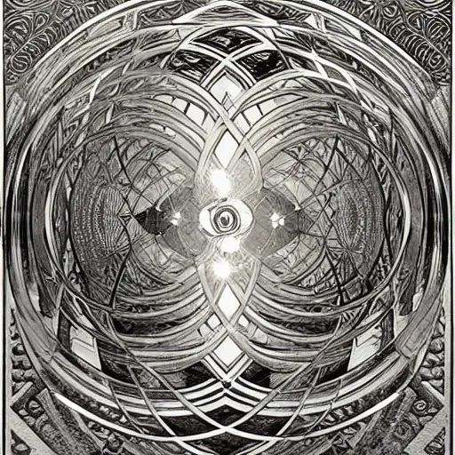 Prompt: crystal labyrinth beyond possibility of imagining, inhabited on many levels by Maurits Cornelis Escher, shining light, clear geometry, atmospheric, Award winning. Masterpiece, detailed illustration, alphonse mucha