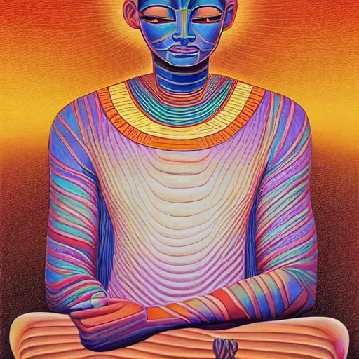 Prompt: painting of a Egyptian pharaoh meditating under a tree by Alex Grey, acrylic art, ethereal, soothing, somber, elegant, warm light, cozy, glows,