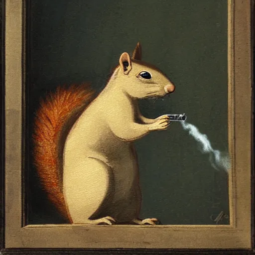 Image similar to a cartoon italian squirrel smoking a cigarette in the streets of florence, baroq painting