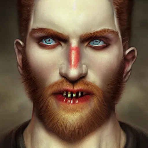 Image similar to fantastic close up portrait of a ginger pale vampire police officer with short hair and a patchy beard, highly detailed, face in focus, sharp focus, art by tom bagshaw and manuel sanjulian