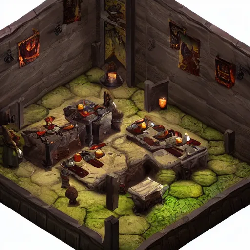 Image similar to Isometric D&D tabletop game map of tavern interior, orc themed, dark, evil looking, very realistic, cinematic lighting, CGI render, trending on artstation