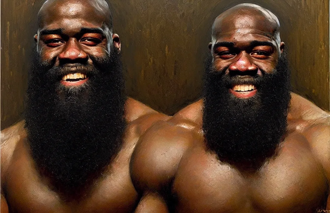 Image similar to portrait of kimbo slice!!!!!!!!!!!!!!!!!!!!!!!!!!!, detailed face, detailed painting,, epic lighting, by ilya repin, phil hale and kent williams