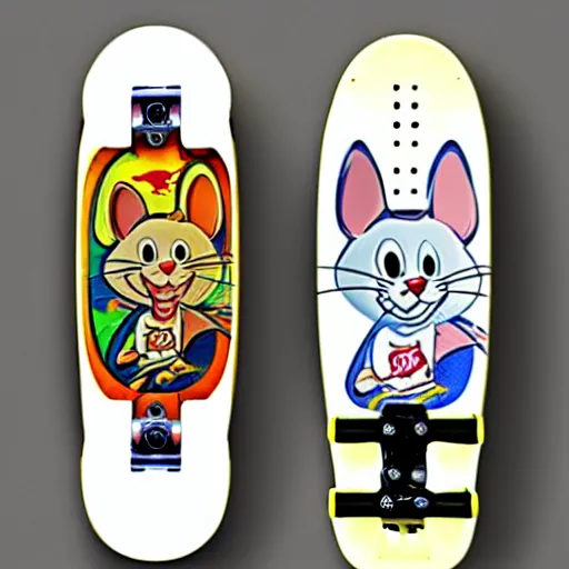 Prompt: Tom and jerry themed skate board, skate board design, underside, glossy, lots of detail, Tom and jerry themed