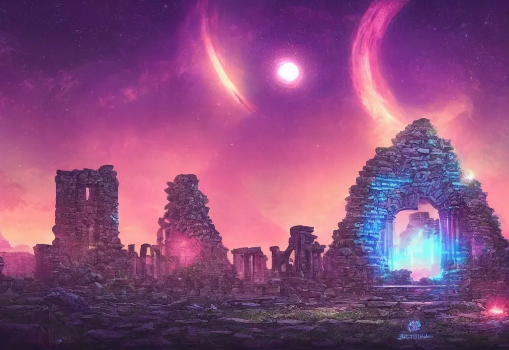 Image similar to ancient ruins in the universe, epic retrowave art, trending on art station