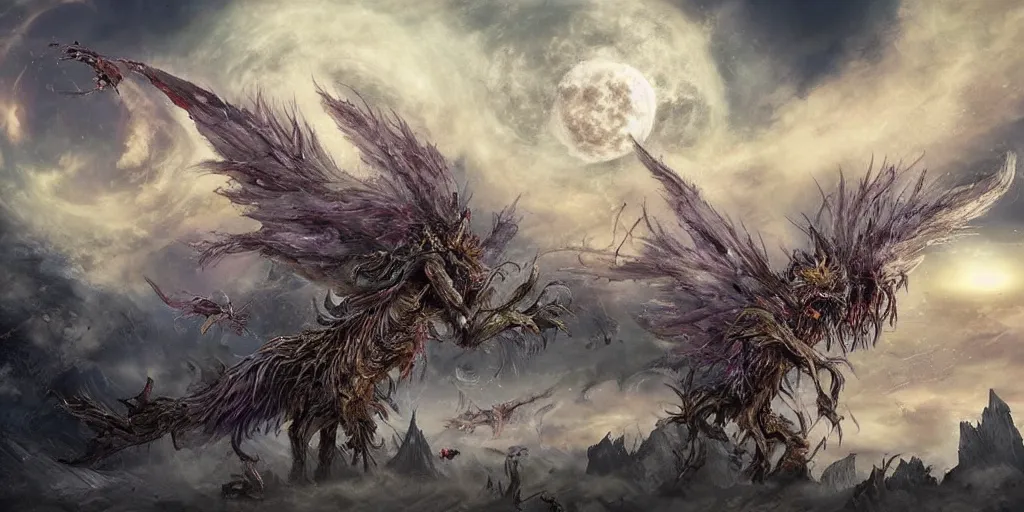 Prompt: concept art of giant mutant fairy attack, lots of teeth, melting horror, fluffy feathers, round moon, rich clouds, fighting the horrors of the unknown with laser guns, high resolution, very detailed, colorful, roaring, volumetric light, mist, grim, fine art, decaying, textured oil over canvas, epic fantasy art, very colorful, ornate