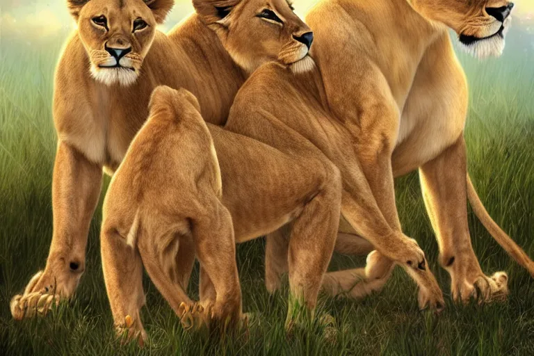 Prompt: beautiful aesthetic digital illustration of a lioness with a litter of baby cubs by Lisa Parker and Anne Stokes, matte background, deviantArt, artstation, trending on artstation