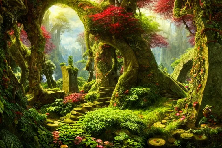 Image similar to a beautiful and highly detailed matte painting of a lush garden in a beautiful forest, carved celtic stone runes, psychedelic colors, intricate details, epic scale, insanely complex, hyperdetailed, artstation, cgsociety, 8 k, sharp focus, hyperrealism, by caspar friedrich, albert bierstadt, james gurney, brian froud,