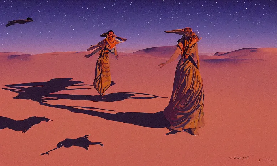 Image similar to digital art, birds eye view, berber witch over the desert at night, by syd mead, syd mead color scheme, sci - fi, arik roper, kirby krackle, concept art