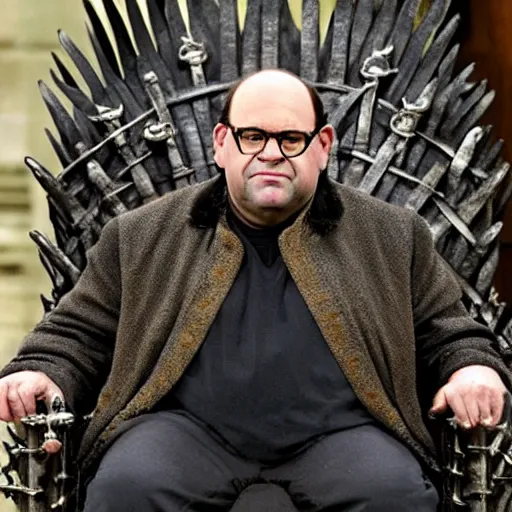 Image similar to George Costanza from Seinfeld sitting on the iron throne from Game of Thrones