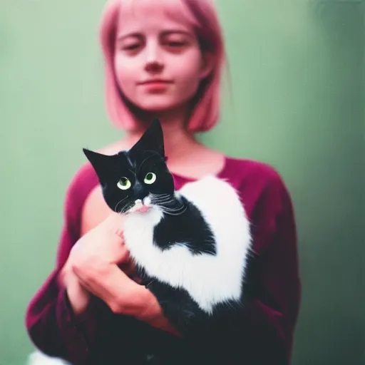 Prompt: ciri holding a cat, cinestill 800t 35mm