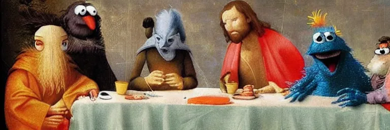 Prompt: jesus in midst of the last supper on sesame street and cookie monster and big bird and oscar and muppet. art by hieronymus bosch, colorful, detailed eyes