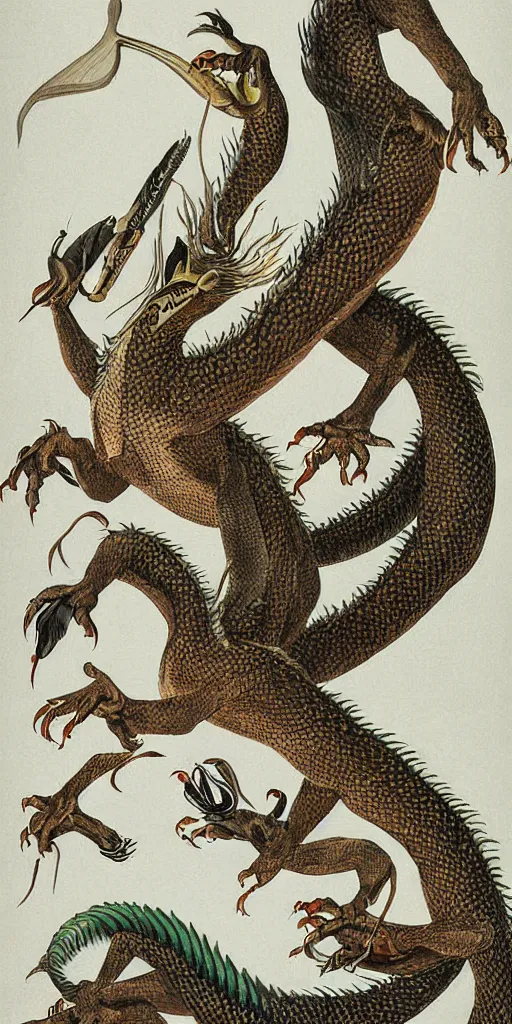 Image similar to field guide illustration painting of a dragon by john audubon and david allen sibley, detailed art, white background