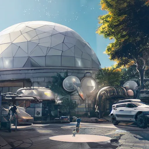 Prompt: clean white sci-fi dome in a pleasant urban setting surrounded by families, peaceful, majestic, in style of apex legends, art station, ultra hd, soft light, overhead sun, ultra hd, art station