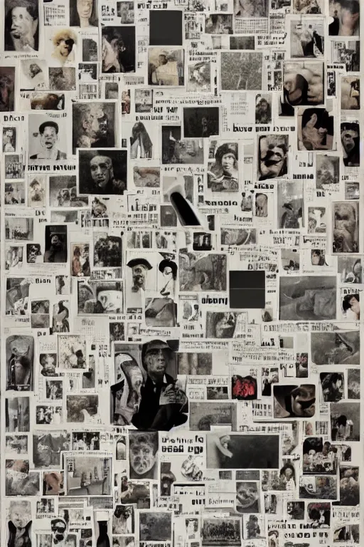 Prompt: life without ammo by richard hamilton and mimmo rotella and violet polsangi, photo realistic, human face details, old photo scattered, old magazine scattered, old newspaper scattered, pop art, incrinate, sharp focus, symmetrical, pararel, justify content center, random content, balance and proportional, cleanest image, white frame border