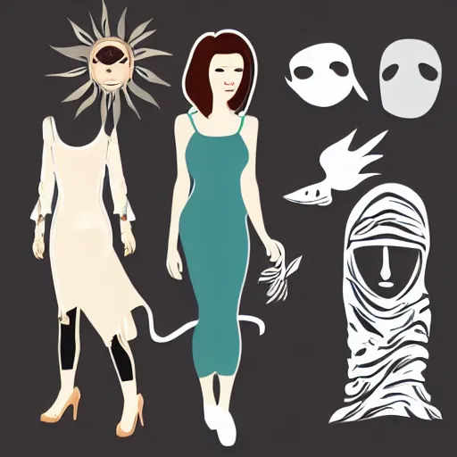 Image similar to a collage age women. ghost hunter. spirit mask. leather. skinny. sun dress. clip art. vector