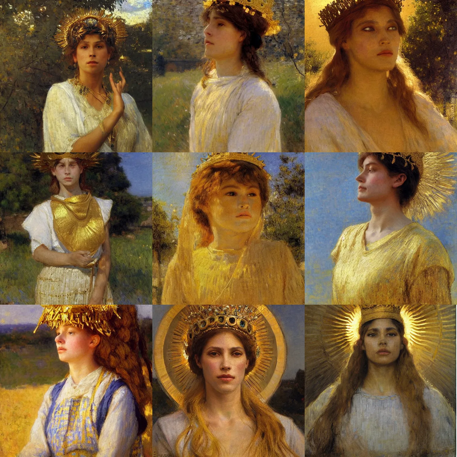 Prompt: a beautiful portrait of a sun goddess with a golden crown, sunlight beams, god rays, volumetric lighting, by jules bastien - lepage, detailed, 8 k