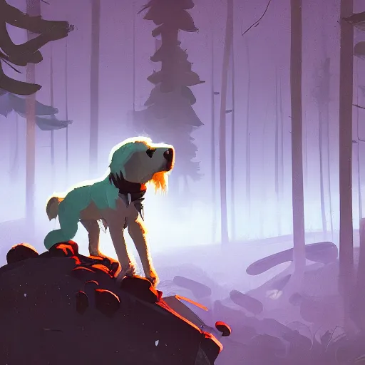 Image similar to white grungy dog standing in a cedar forest, by anton fadeev and simon stalenhag, trending on art station