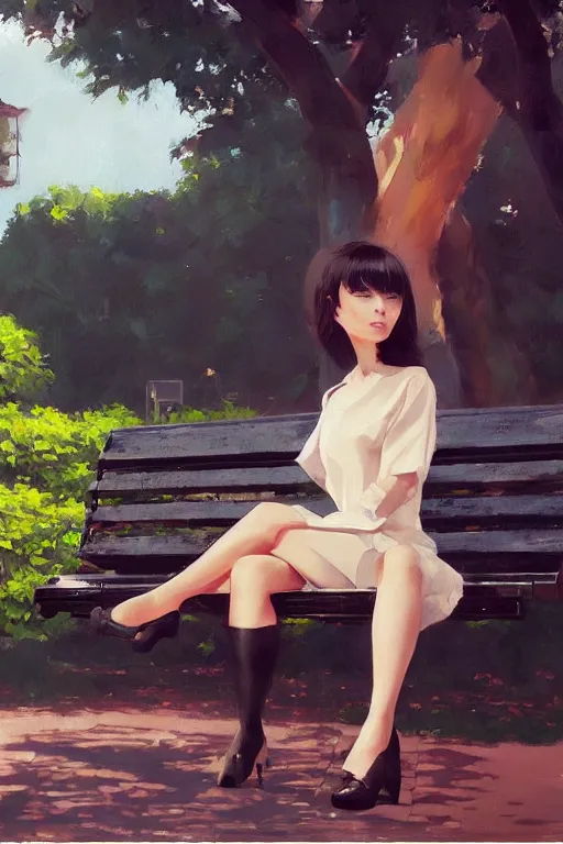 Image similar to A ultradetailed beautiful panting of a stylish woman siting on a park bench, Oil painting, by Ilya Kuvshinov, Greg Rutkowski and Makoto Shinkai