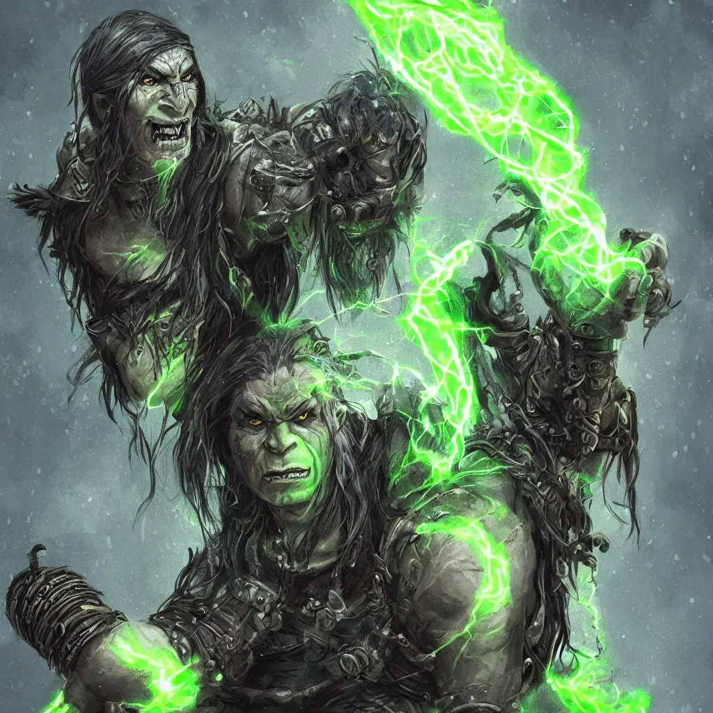 Image similar to half - orc shaman with long wiry grey hair, glowing green eyes, glowing tattoos, lightning in background, rainy background, character concept art, artstation, digital art