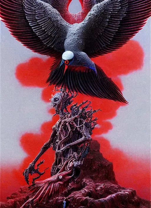 Image similar to front view of spirit of chthonic demonic pigeon with red eyes and dark grey wings, on background red like hell, highly detailed, art by Ayami Kojima, Beksinski, Giger, Beeple