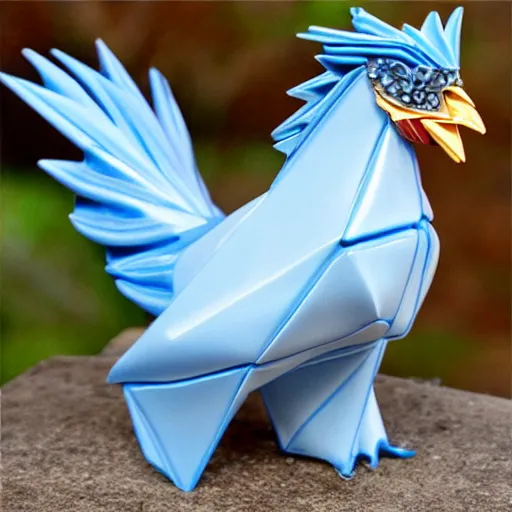 Image similar to beautiful, glorious crystallized porcelain origami chicken emperor, blue and silver colors, intricate details, realistic, reflective 3 d rtx hd