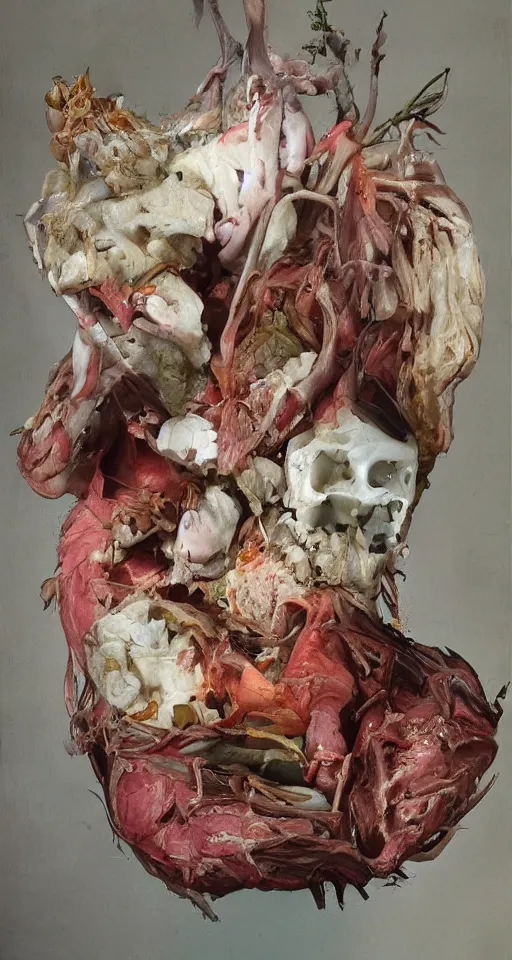 Image similar to Professional arrangement of human flesh, bones, teeth, and rotten meat in a flower vase